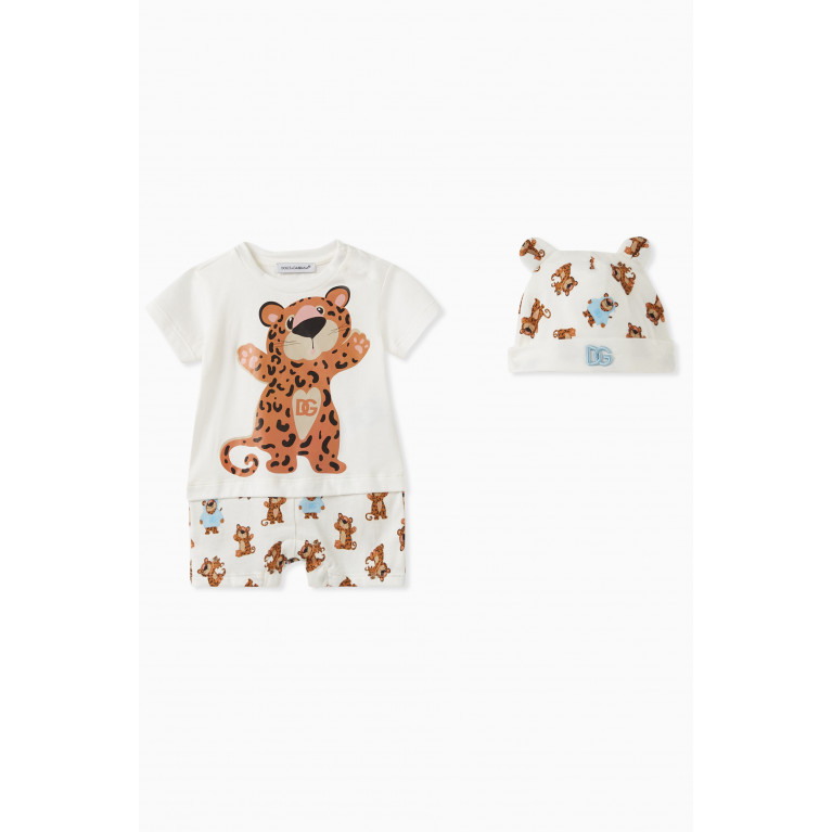 Dolce & Gabbana - Leopard Print Onesie & Hat Set in Cotton Jersey
