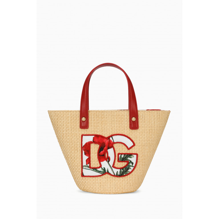 Dolce & Gabbana - Floral Logo Straw Handbag in Cotton & Leather