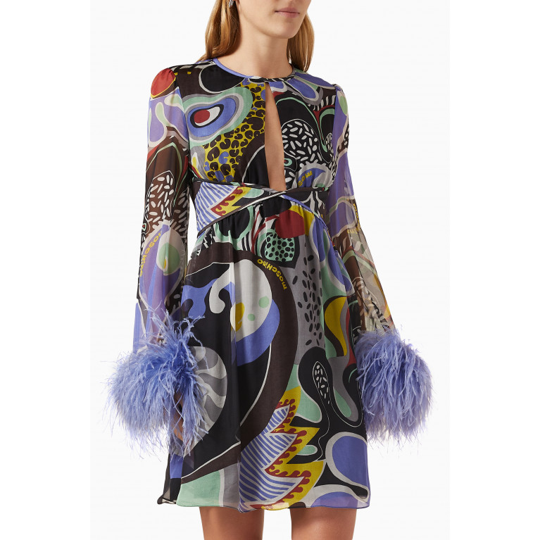 Moschino - Psychedelic-print Feather Trim Mini Dress in Silk