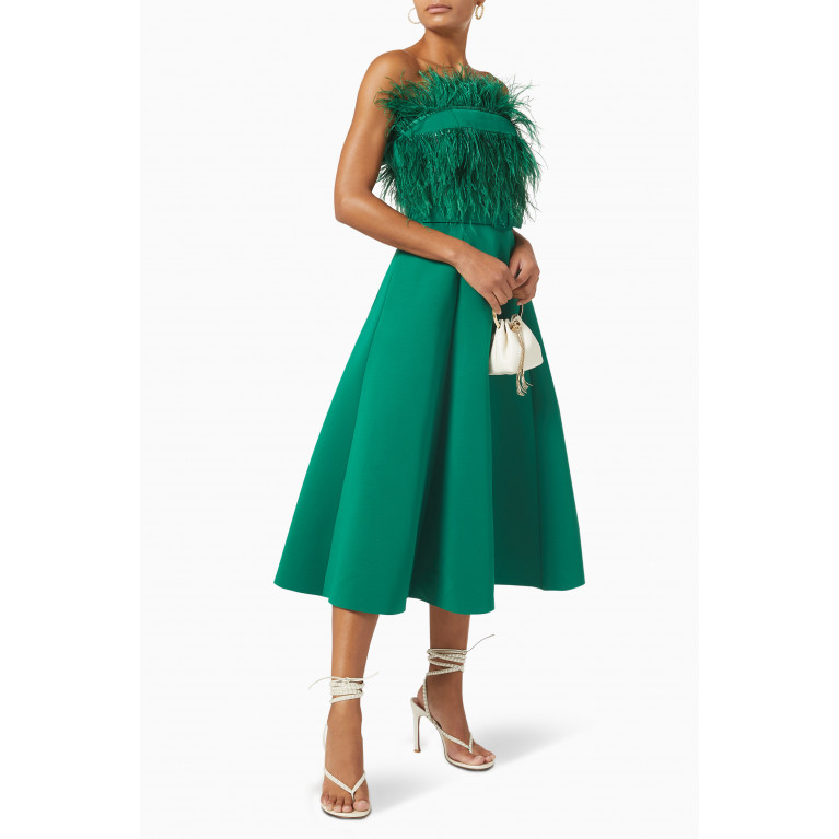 Badgley Mischka - Feather Top Midi Dress in Scuba Fabric Green