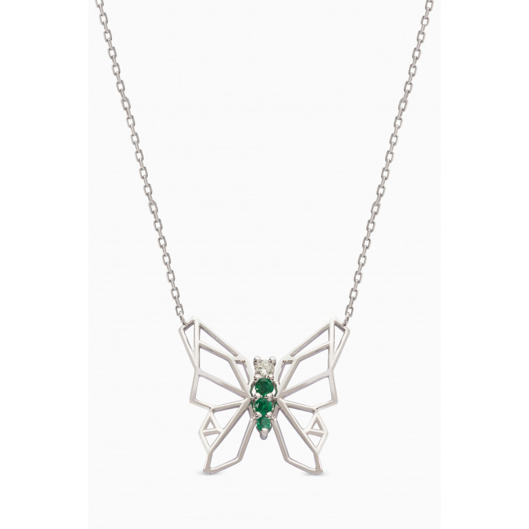 Lana Al Kamal - Butterflies Diamond & Emerald Necklace in 18kt White Gold