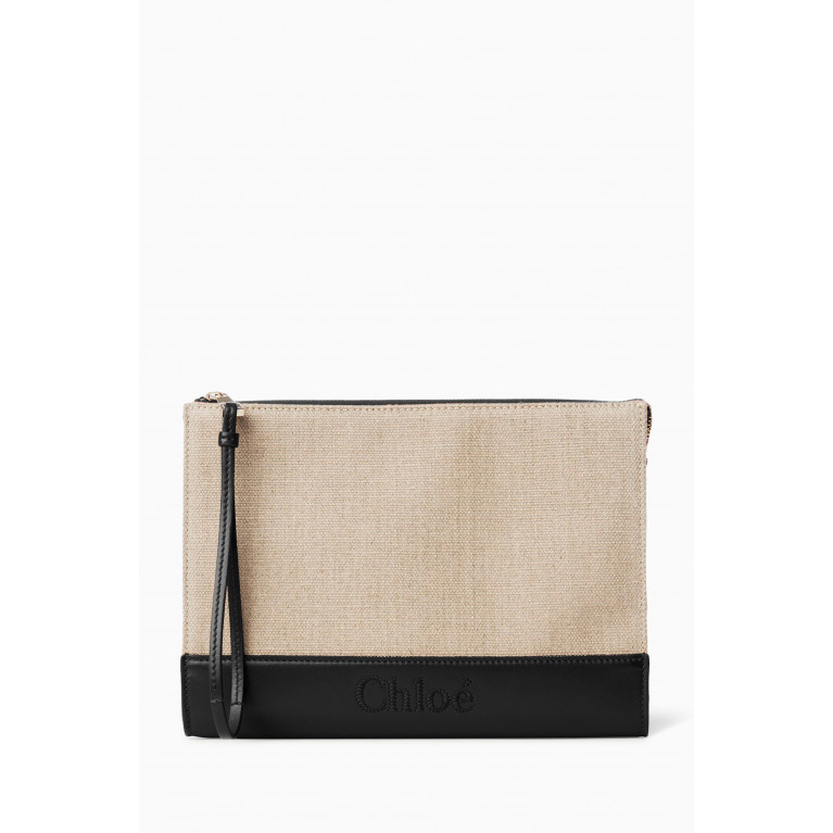 Chloé - Sense Zippered Pouch in Linen & Leather Black