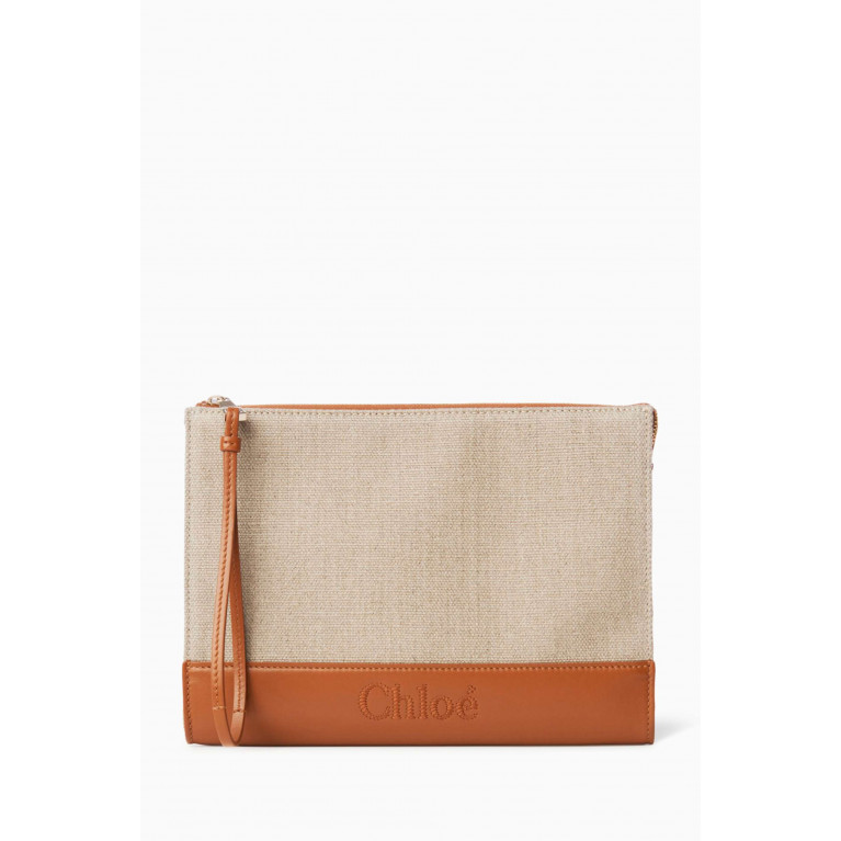 Chloé - Sense Zippered Pouch in Linen & Leather Brown