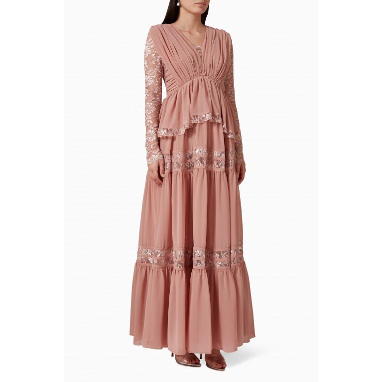 NASS - Tiered Maxi Dress in Crêpe & Lace Pink