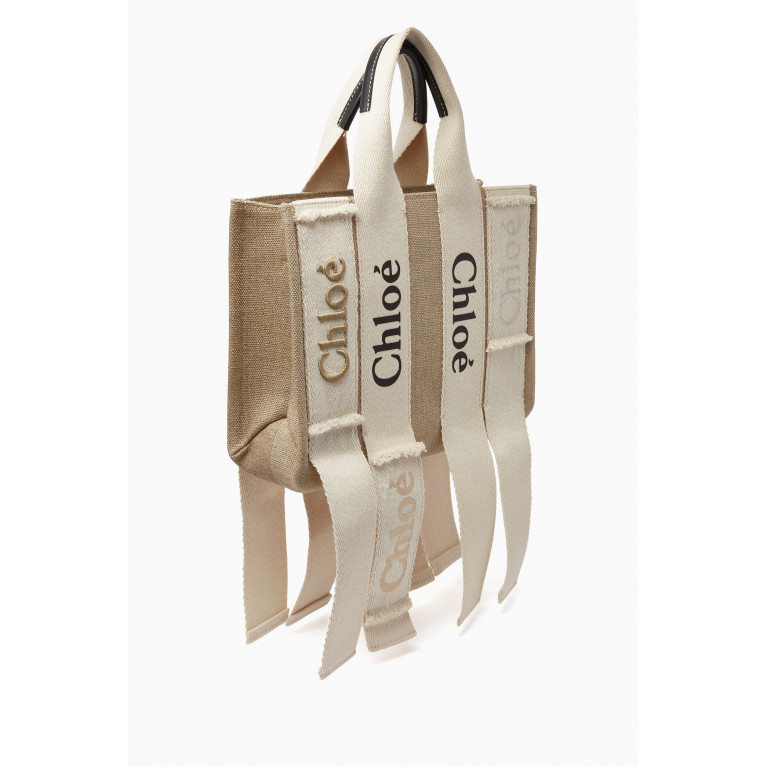 Chloé - Woody Small Tote Bag in Linen Canvas & Leather