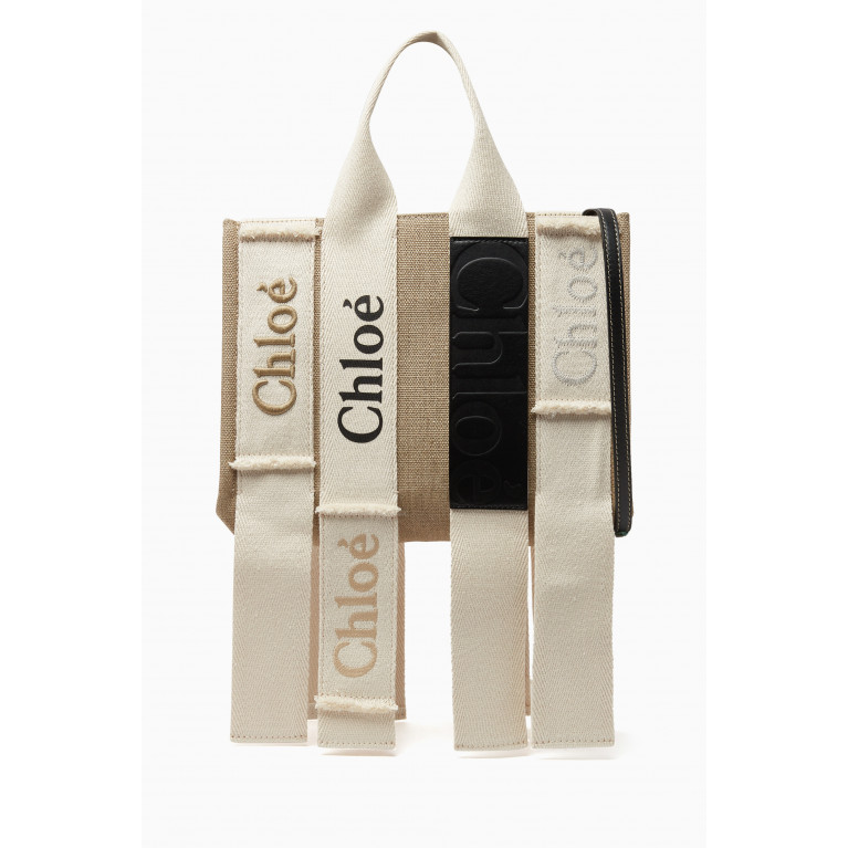 Chloé - Woody Small Tote Bag in Linen Canvas & Leather