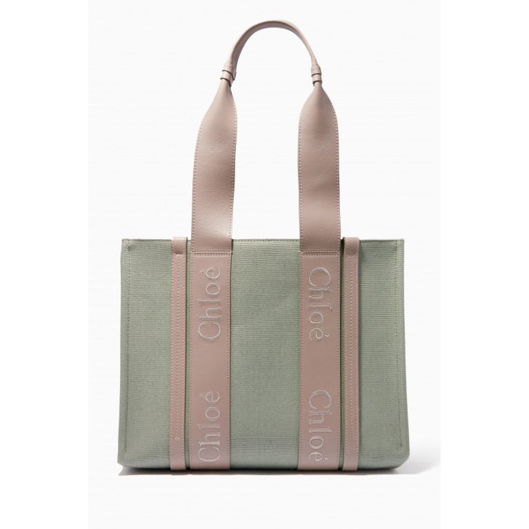 Chloé - Medium Woody Tote Bag in Linen Canvas & Leather