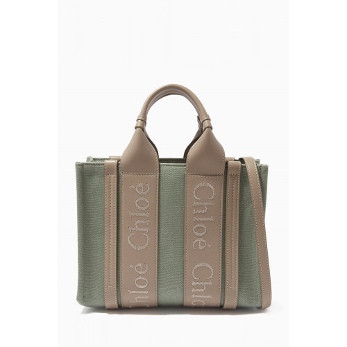 Chloé - Woody Small Tote Bag in Linen & Leather