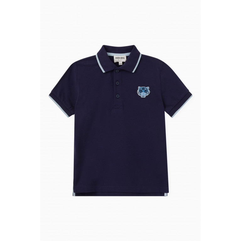 KENZO KIDS - Embroidered Tiger Logo Polo in Cotton Blue