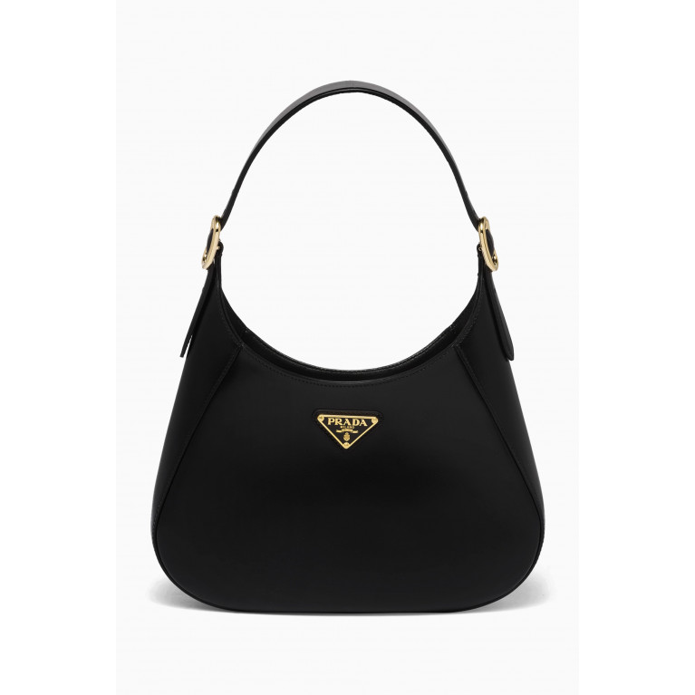 Prada - Logo Triangle Hobo Shoulder Bag in Leather Black