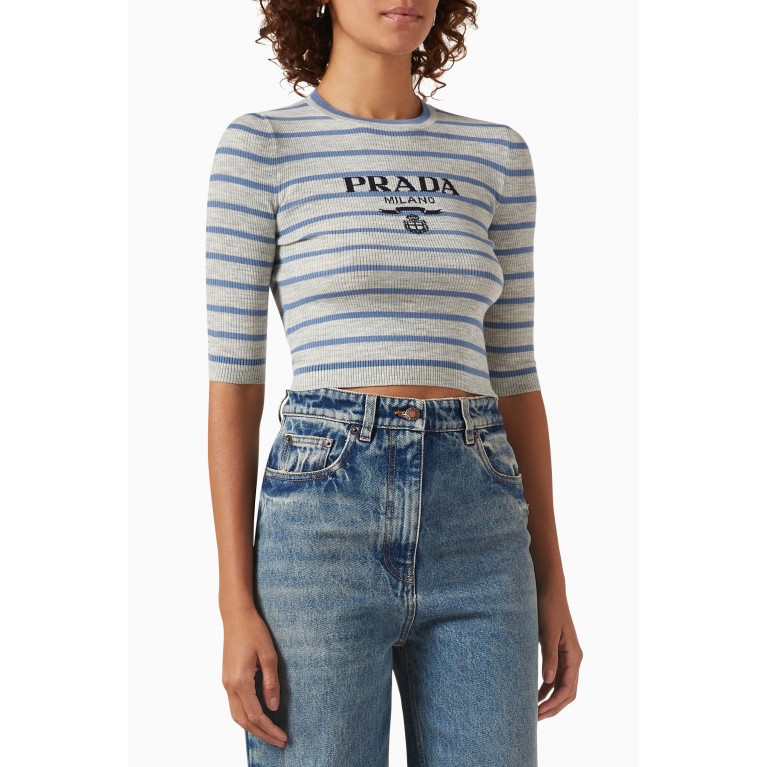 Prada - Logo Striped Crop T-shirt in Virgin Wool-knit