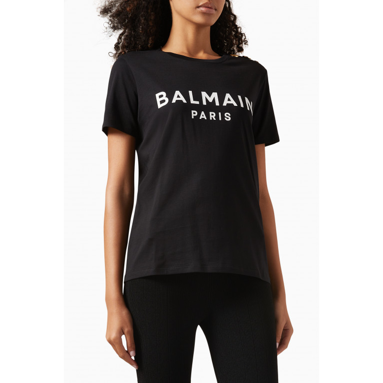 Balmain - Logo-print Buttoned T-shirt in Cotton-jersey Black