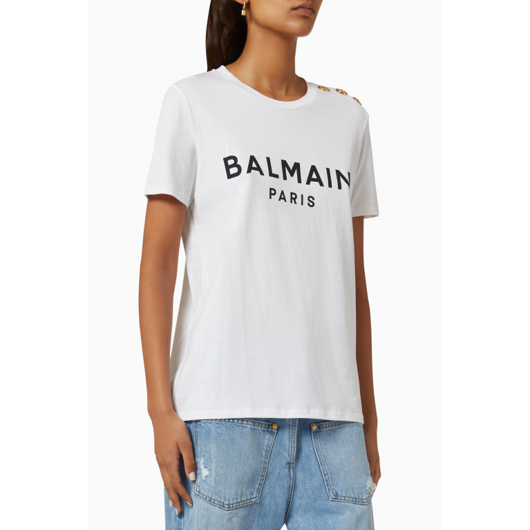 Balmain - Logo-print Buttoned T-shirt in Cotton-jersey White