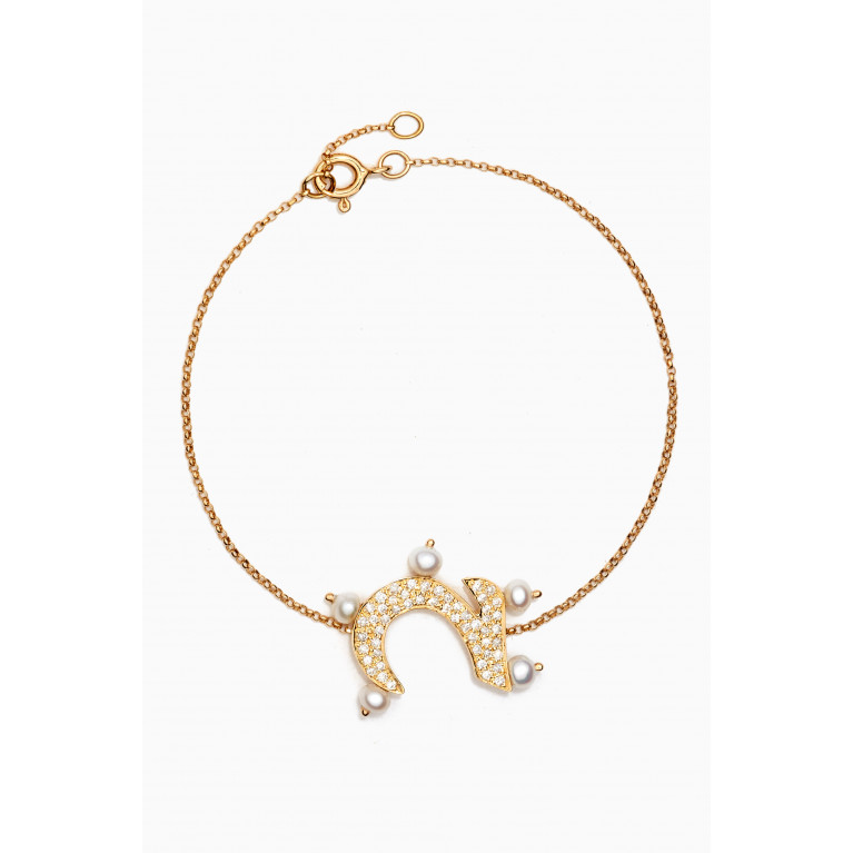 Bil Arabi - Letter 'Haa' Diamond & Pearl Bracelet in 18kt Gold