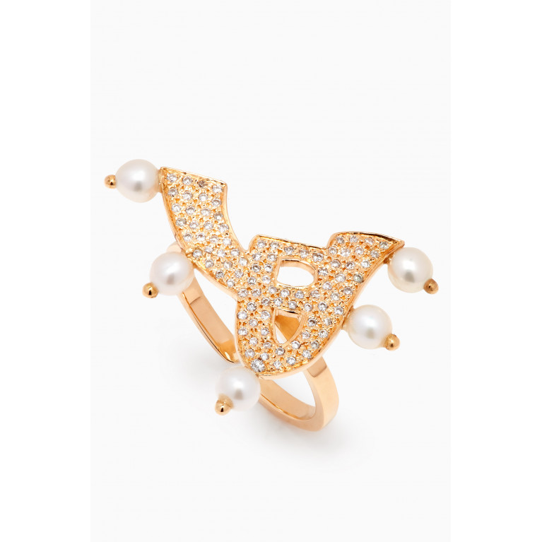 Bil Arabi - Letter 'H' Diamond & Pearl Ring in 18kt Gold