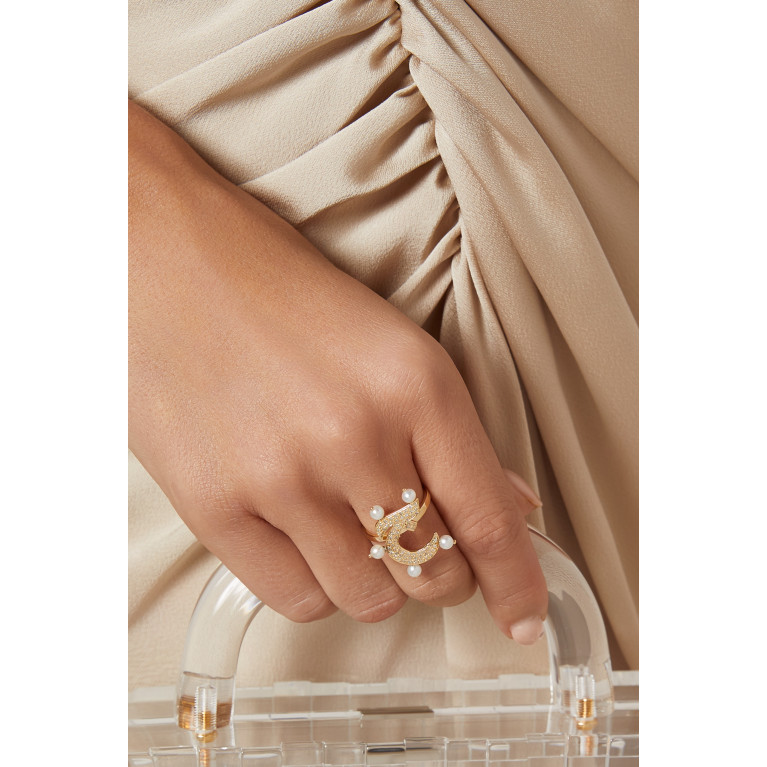Bil Arabi - Letter 'J' Diamond & Pearl Ring in 18kt Gold