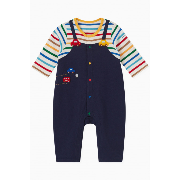 Miki House - Car Embroidered Romper in Cotton Blue