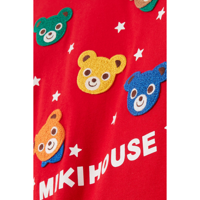 Miki House - Bear Patched T-shirt in Cotton-blend Red