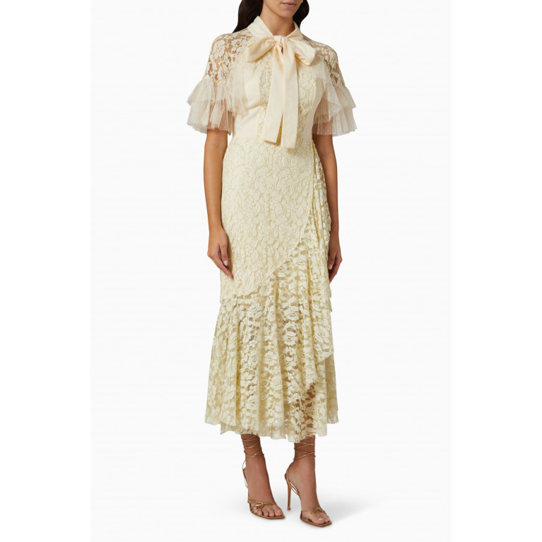 NASS - Ruffled Bow Midi Dress in Lace Neutral