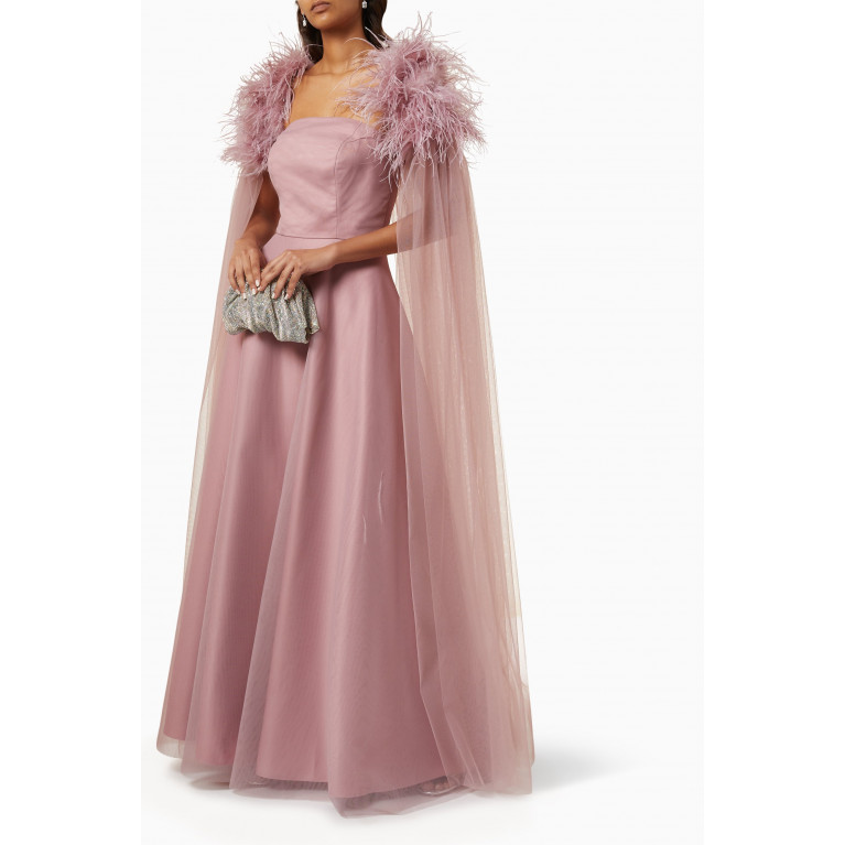 Tha Seen - Feather-trim Jacket & Dress Set in Satin & Tulle