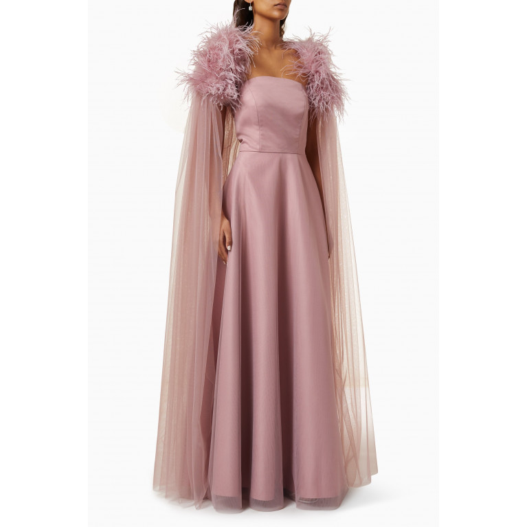 Tha Seen - Feather-trim Jacket & Dress Set in Satin & Tulle