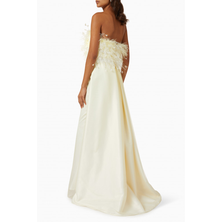 Tha Seen - Feather-trimmed Strapless Gown in Satin & Tulle