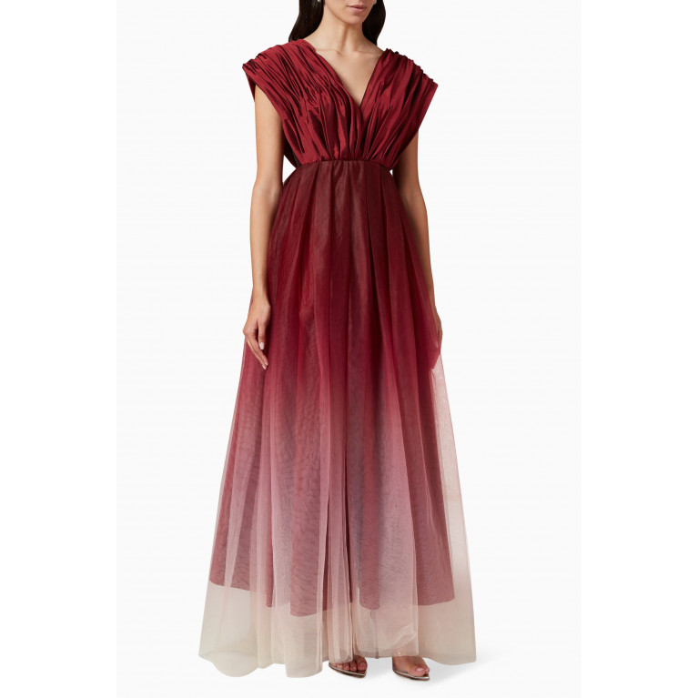 Tha Seen - V-Neck Gown in Satin and Ombré Tulle