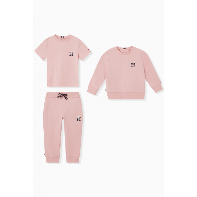 Tommy Hilfiger - Logo T-shirt, Sweatshirt & Sweatpants Set in Cotton Pink