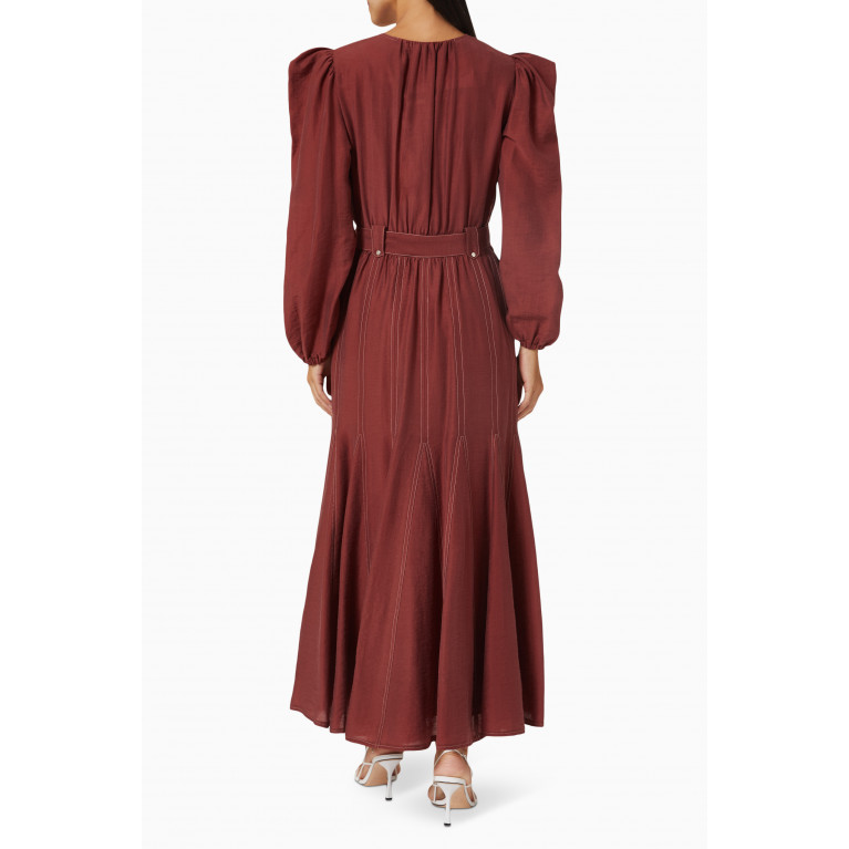 Mimya - D-buckle Belted Maxi Dress in Tencel Burgundy