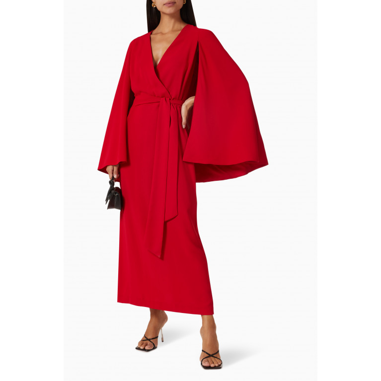 Mimya - Cascading-sleeves Belted Maxi Dress Red