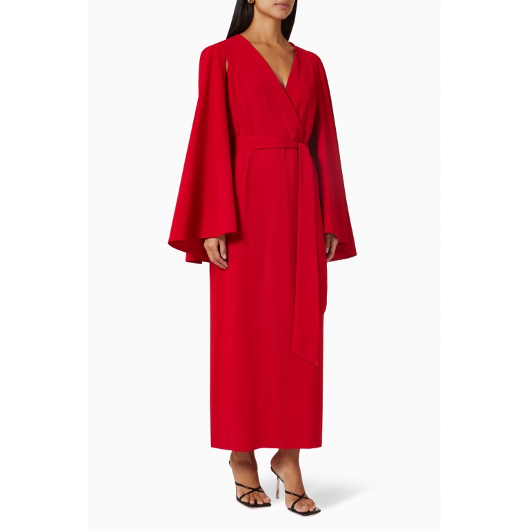 Mimya - Cascading-sleeves Belted Maxi Dress Red
