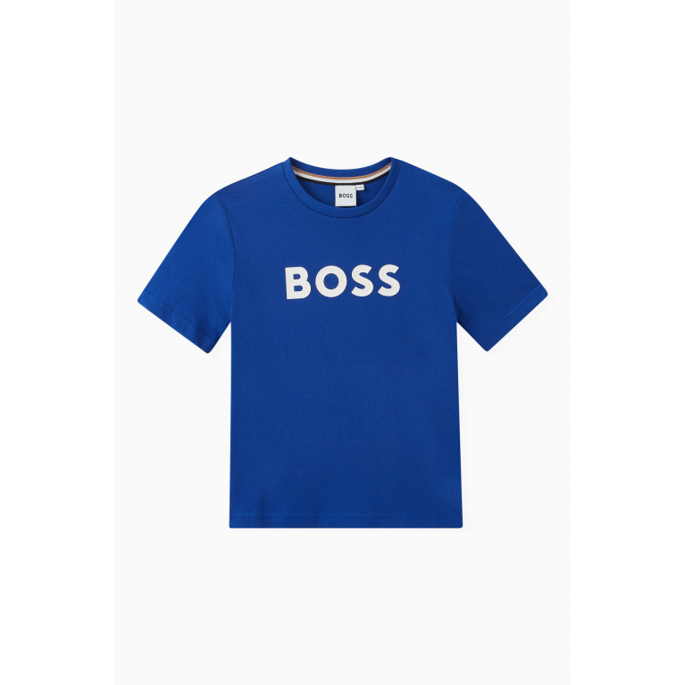 Boss - Logo Print T-Shirt in Cotton Stretch Blue