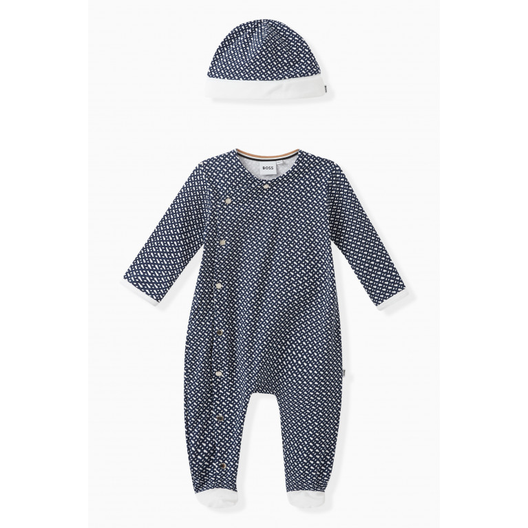 Boss - Monogram Sleepsuit & Hat Set in Cotton-jersey Blue