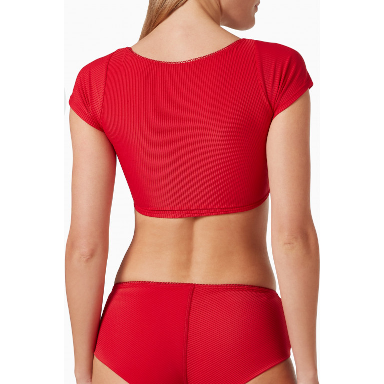 Frankies Bikinis - Nicolette Bow Bikini Top in Ribbed Nylon Red