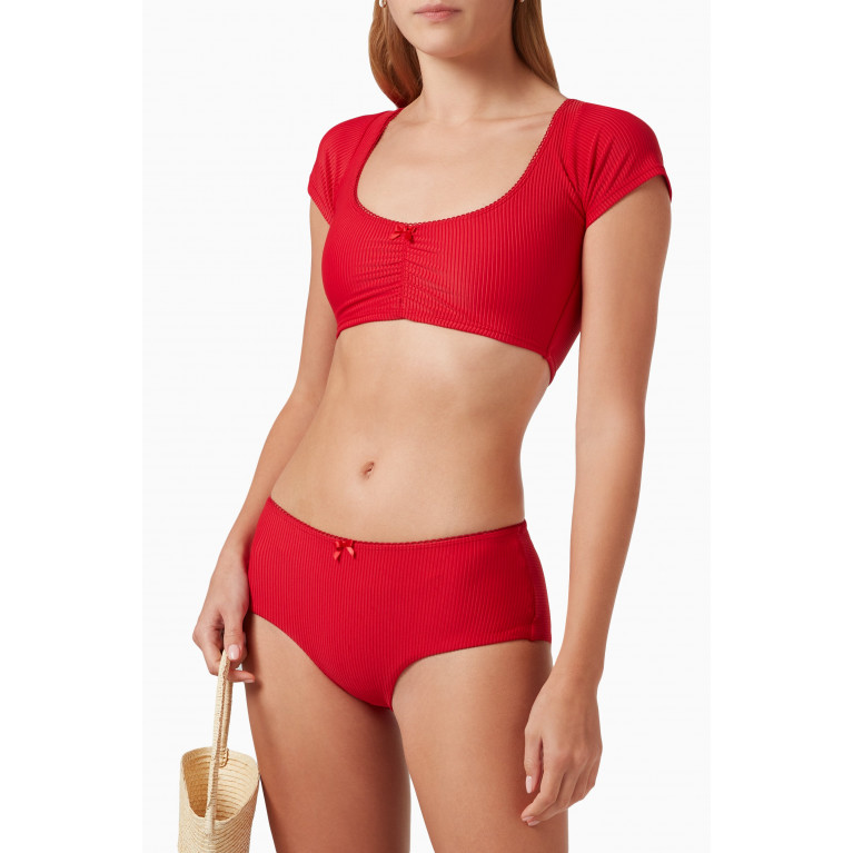 Frankies Bikinis - Lisa Full Coverage Bikini Briefs in Ribbed Nylon Red