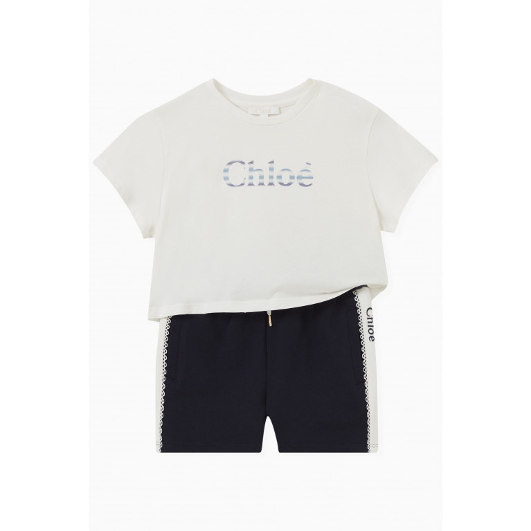 Chloé - Striped Logo Shorts in Cotton Blue