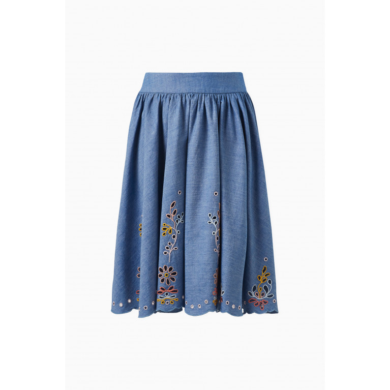 Chloé - Broderie Anglaise Skirt in Cotton Chambray