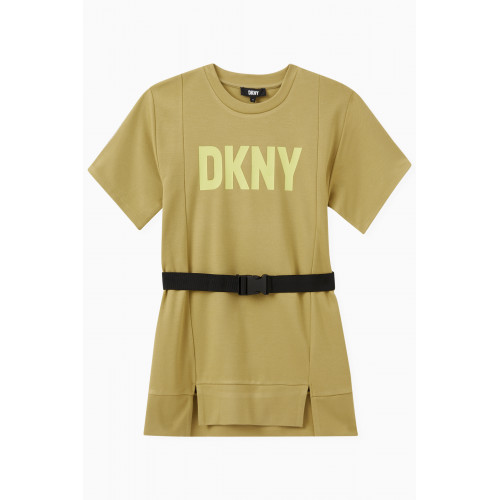 DKNY - Logo-print Belted Dress in Stretch Viscose-blend Green
