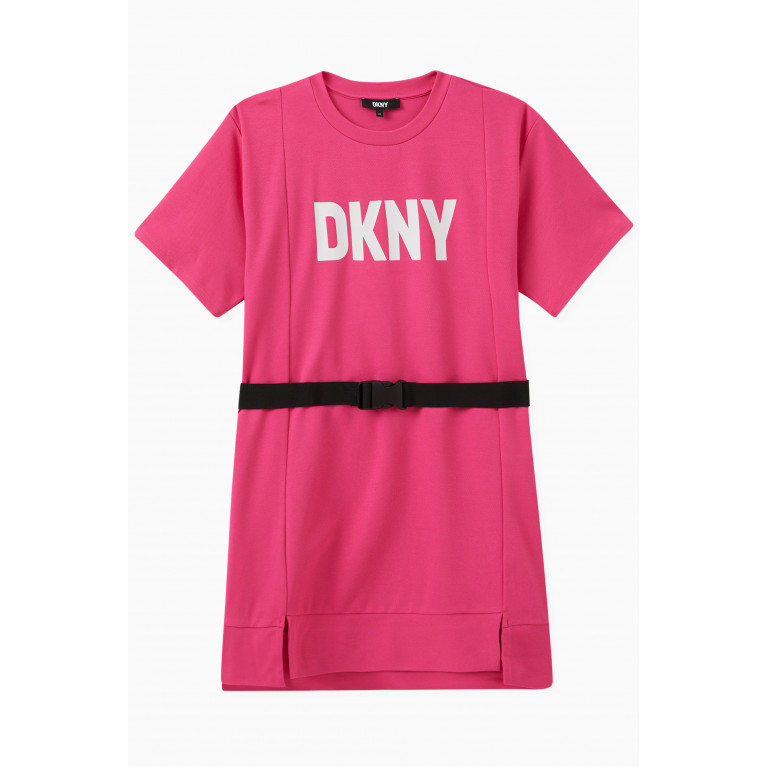 DKNY - Logo-print Belted Dress in Stretch Viscose-blend Pink