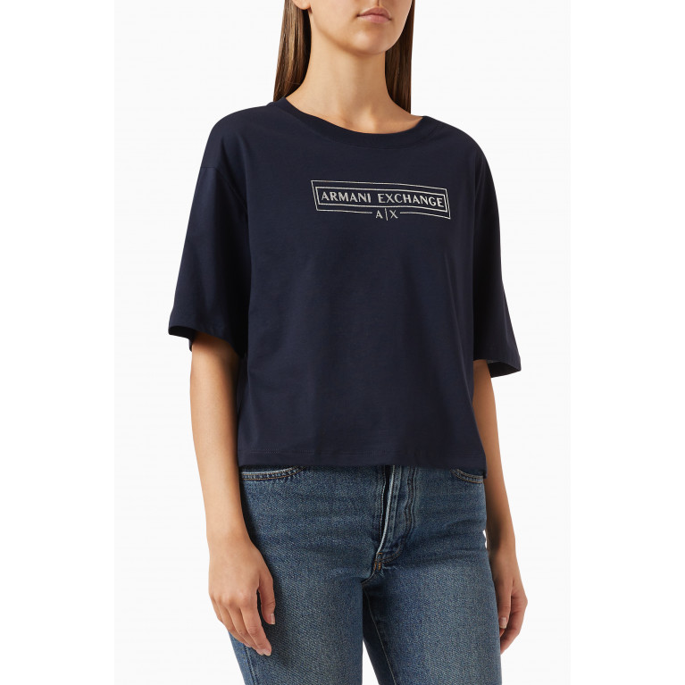 Armani Exchange - Foil Logo Cropped T-shirt in Cotton Jersey Blue