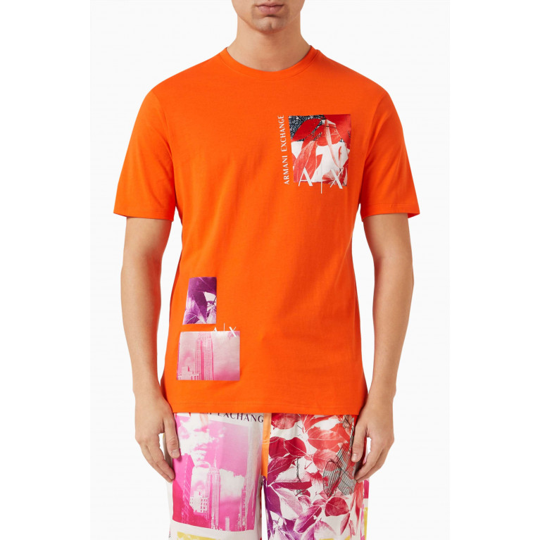 Armani Exchange - Short Sleeved Floral Print T-shirt in Cotton Jersey Orange