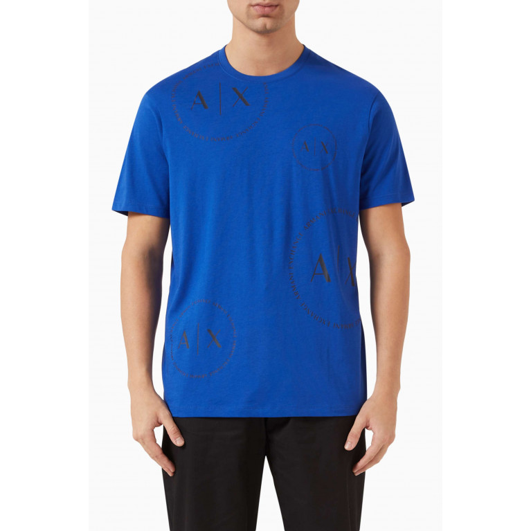 Armani Exchange - Short Sleeved Logo Print T-shirt in Cotton Jersey Blue