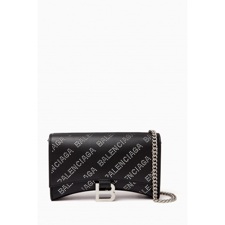 Balenciaga - Hourglass Rhinestone Logo Wallet on Chain in Leather