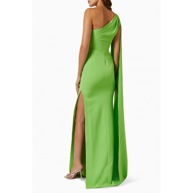 Rhea Costa - One-shoulder Exaggerated Sleeve Gown Green