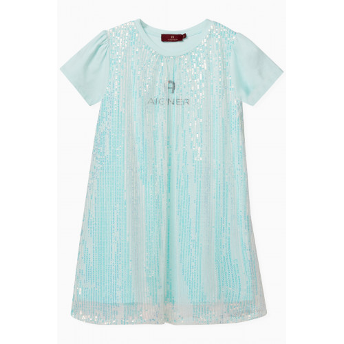AIGNER - Sequinned T-shirt Dress in Stretch Jersey & Tulle Blue