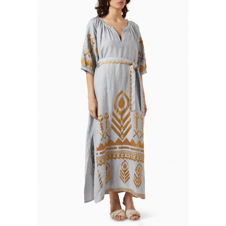 Kori - Belted Embroidered Maxi Dress in Linen Grey