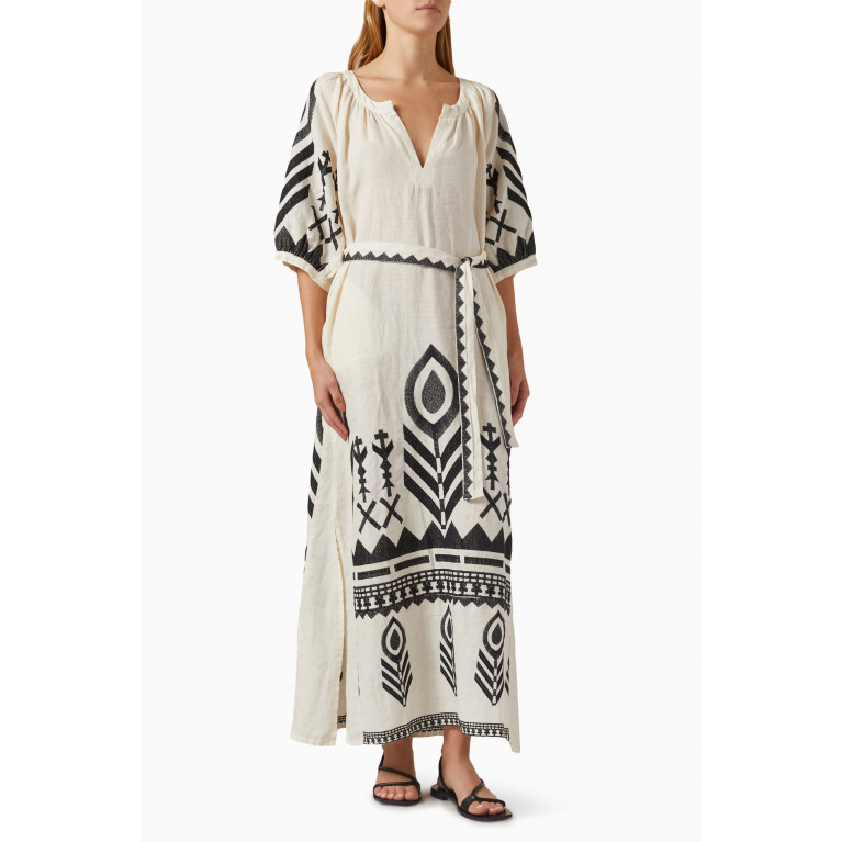 Kori - Belted Embroidered Maxi Dress in Linen Neutral