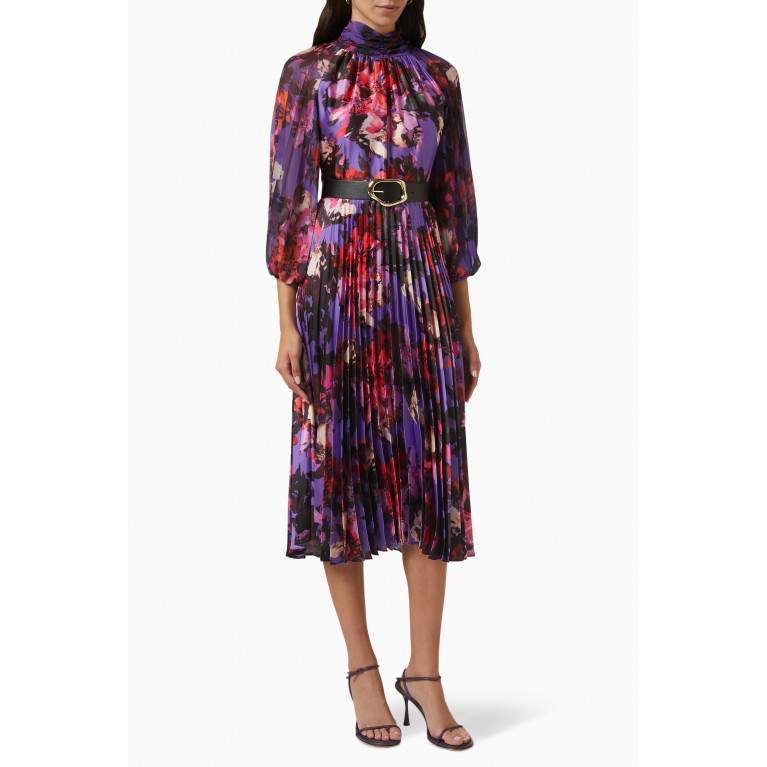 Setre - Floral-print Pleated Midi Dress in Satin