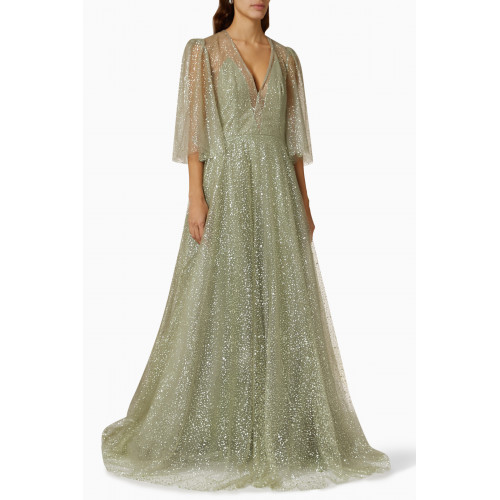Costarellos - Amara Cape Sleeves Gown in Glitter Flocked Tulle