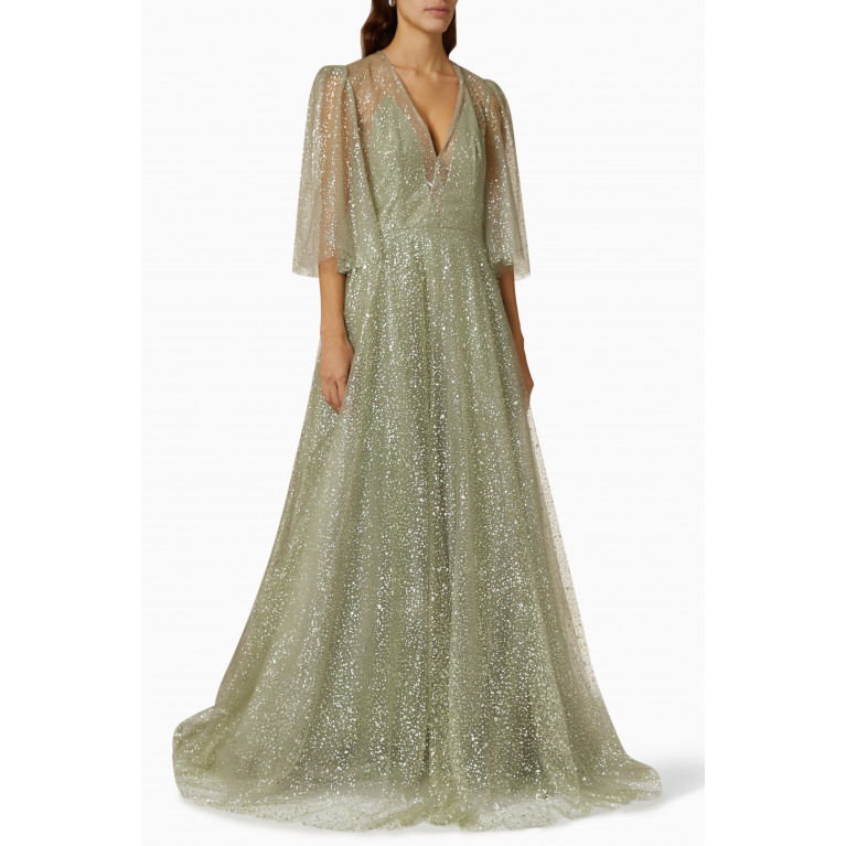 Costarellos - Amara Cape Sleeves Gown in Glitter Flocked Tulle